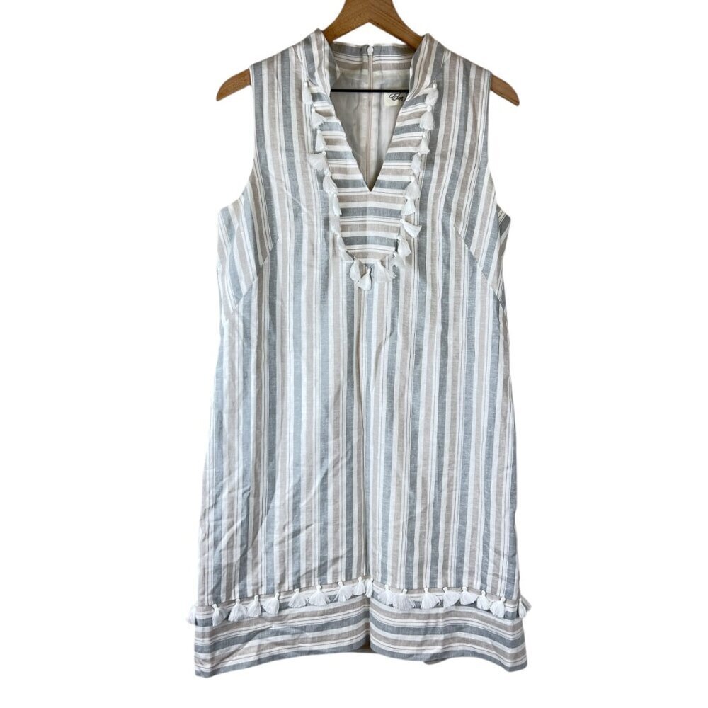 Eliza J Striped Mandarin Collar Linen Tassel Shift Dress